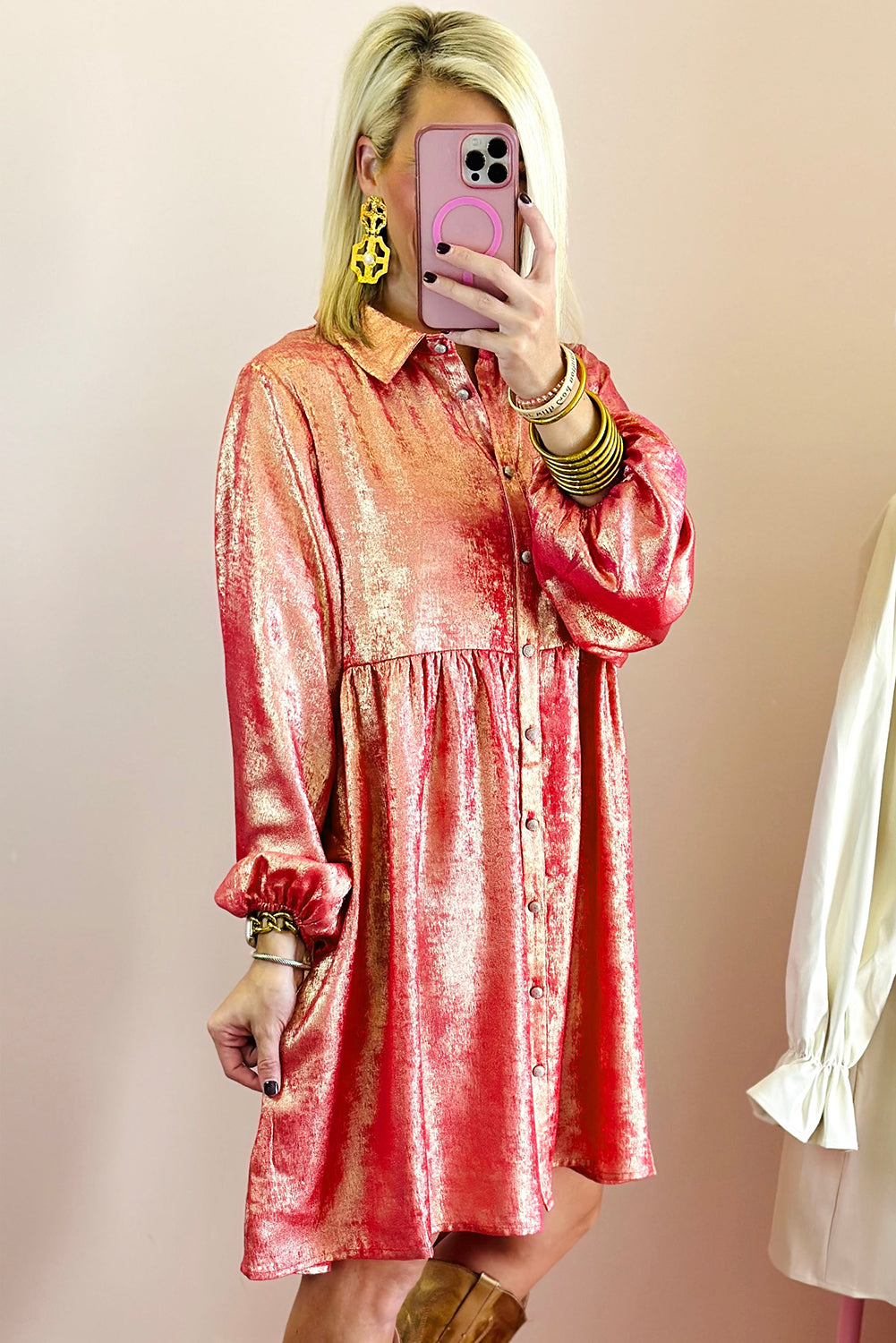 Apricot Metallic Sheen Puff Sleeve Button Up Mini Shirt Dress