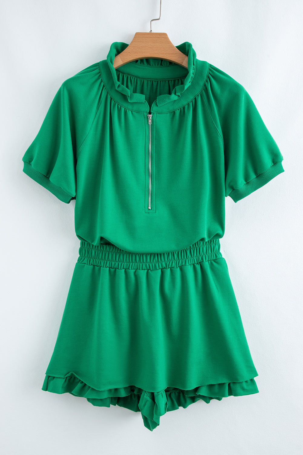 Sea Green Half Zip Puff Sleeve Top and Ruffled Shorts Set
