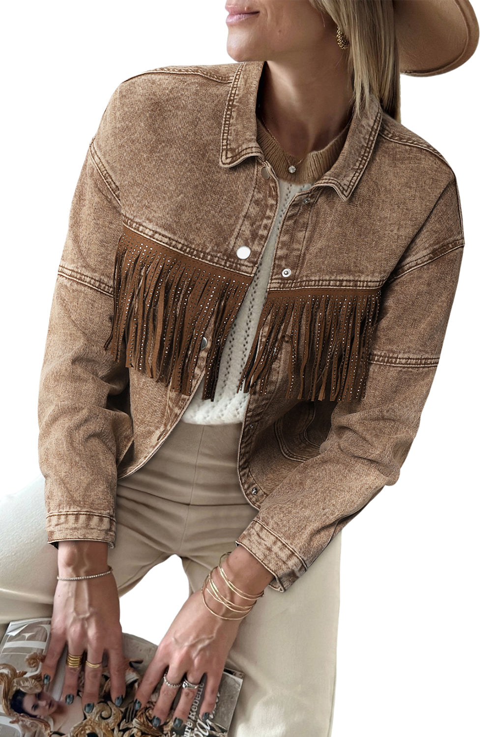 Brown Rhinestone Fringed Cowgirl Fashion Denim Jacket