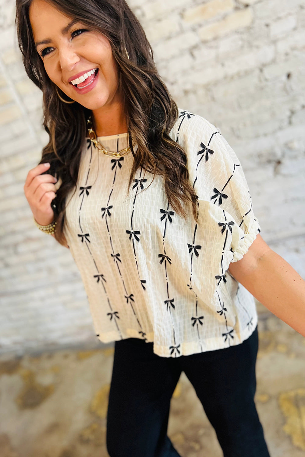 Black Bow Print Puff Short Sleeve Top