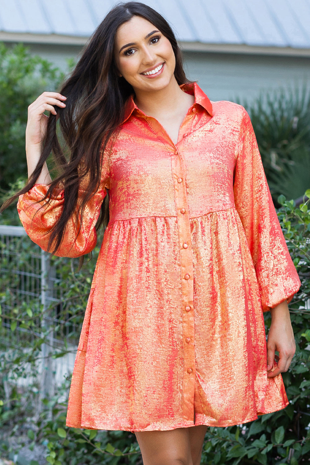 Apricot Metallic Sheen Puff Sleeve Button Up Mini Shirt Dress