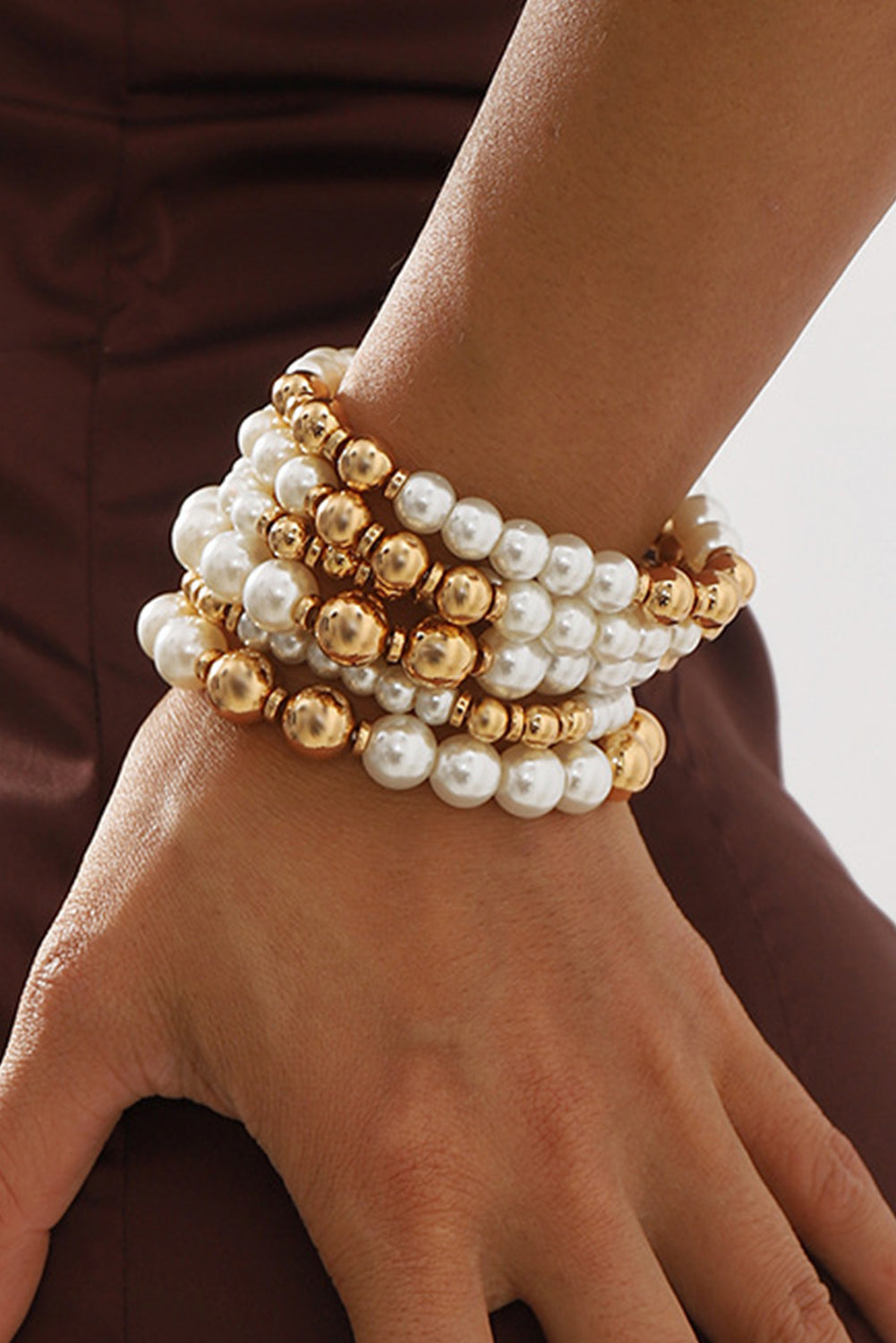 White 5pcs Pearl Plated Beaded Bracelet Set