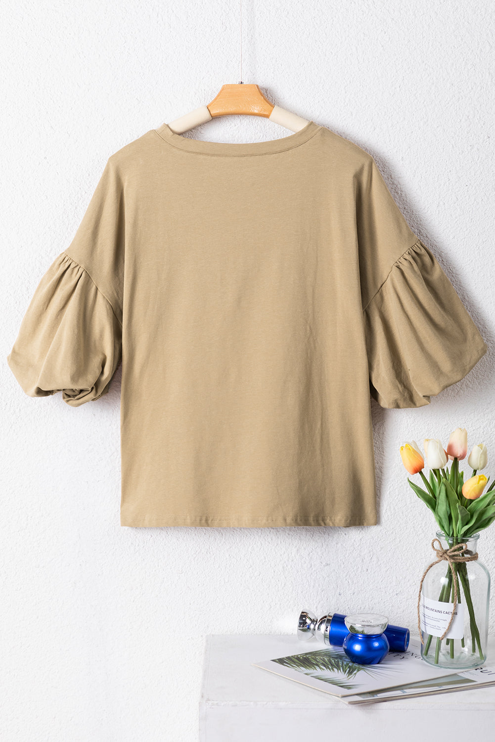 Light French Beige Solid Color Lantern Sleeve Drop Shoulder Blouse