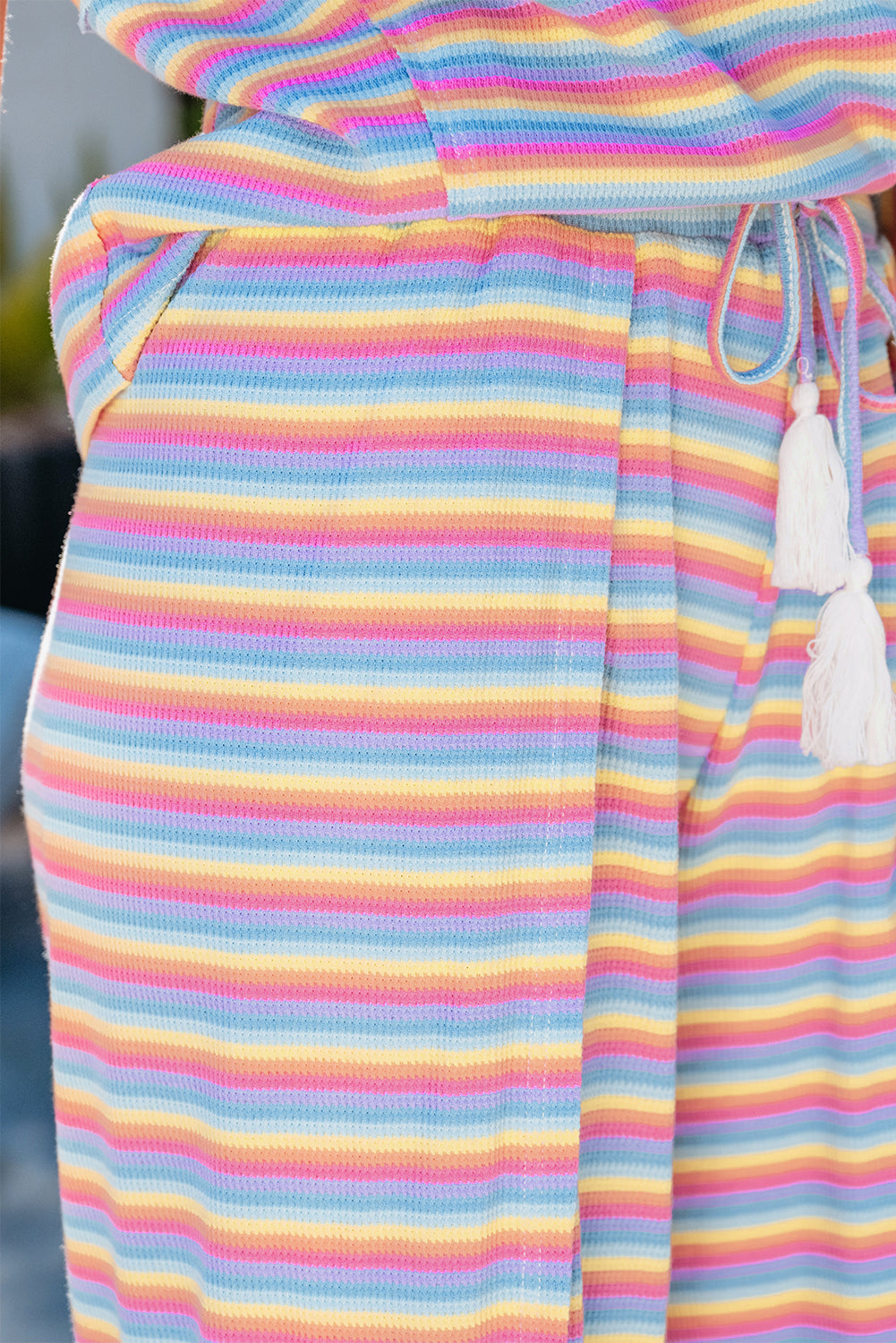 Black Stripe Rainbow Tee Tasseled String Wide Leg Pants Set