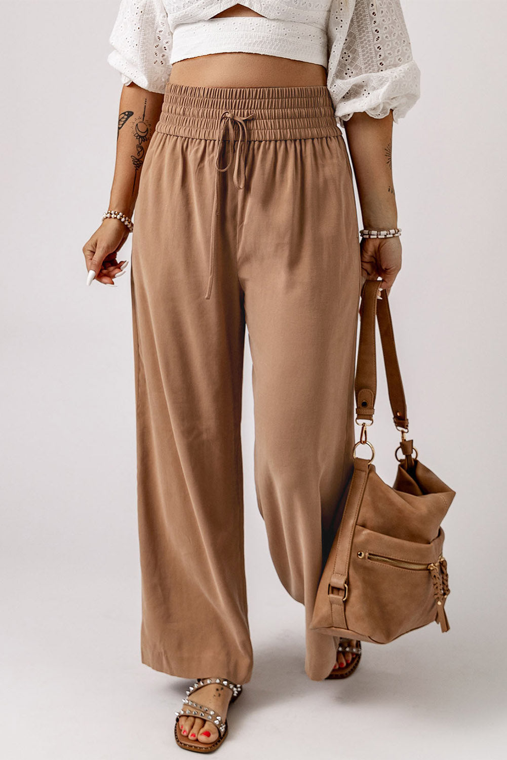 Green Brown Drawstring Elastic Waist Casual Wide Leg Pants