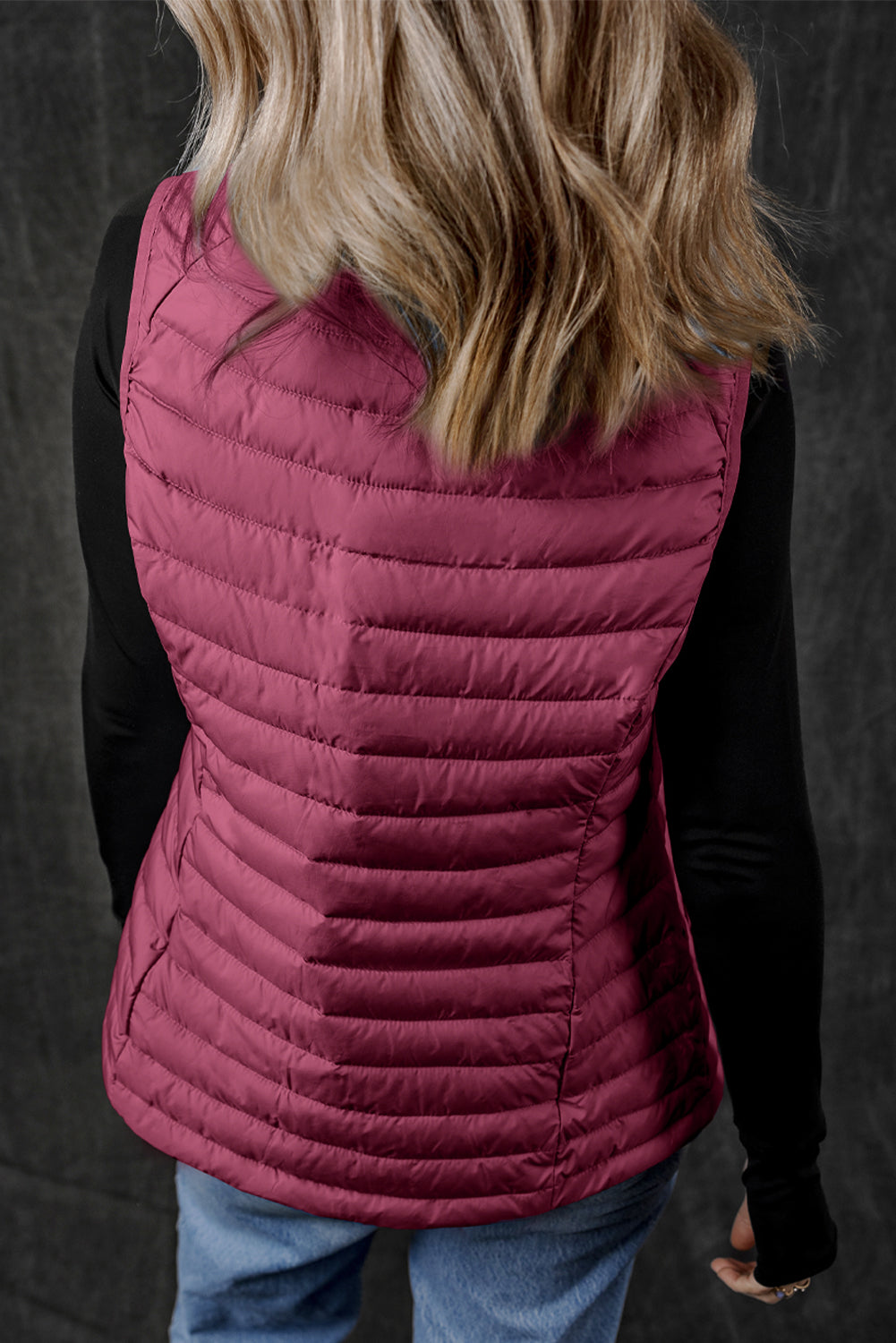 Black Plush Collared Quilted Zipped Puffer Vest