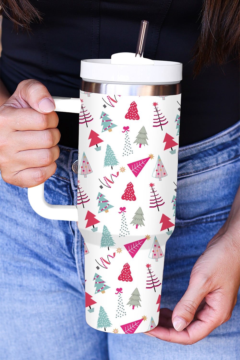 Black Cartoon Christmas Tree Printed Thermos Cup 40oz