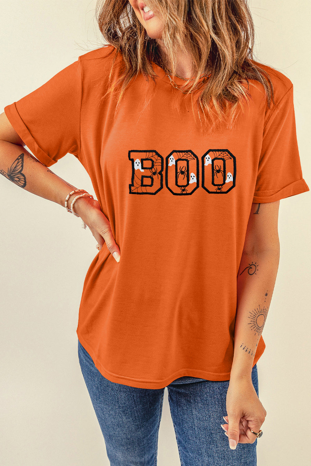 Orange BOO Halloween Ghost Spider Embroidered Graphic Tee