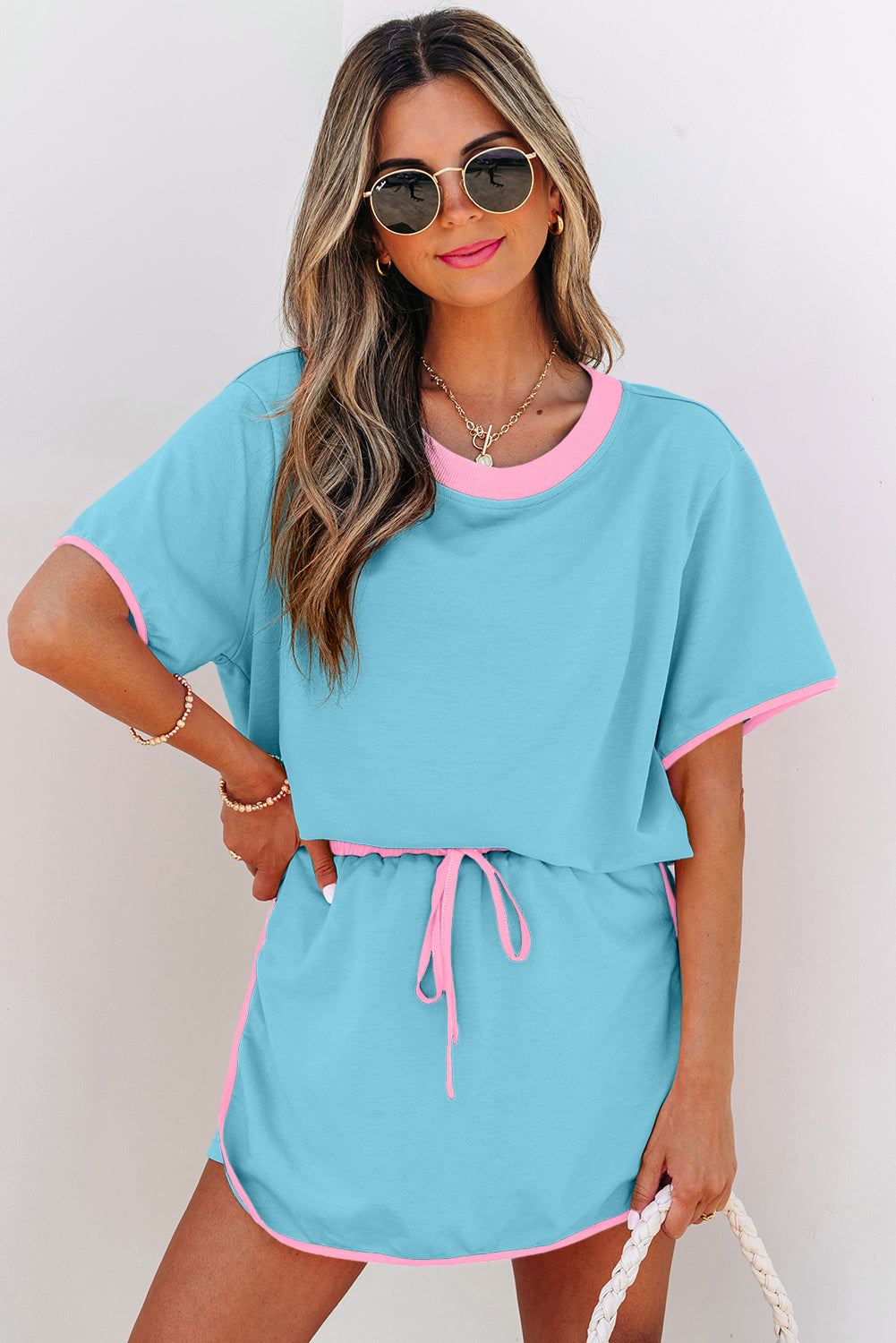 Turquoise Colorblock Edge Drop Shoulder T Shirt and Skirt 2Pcs Set