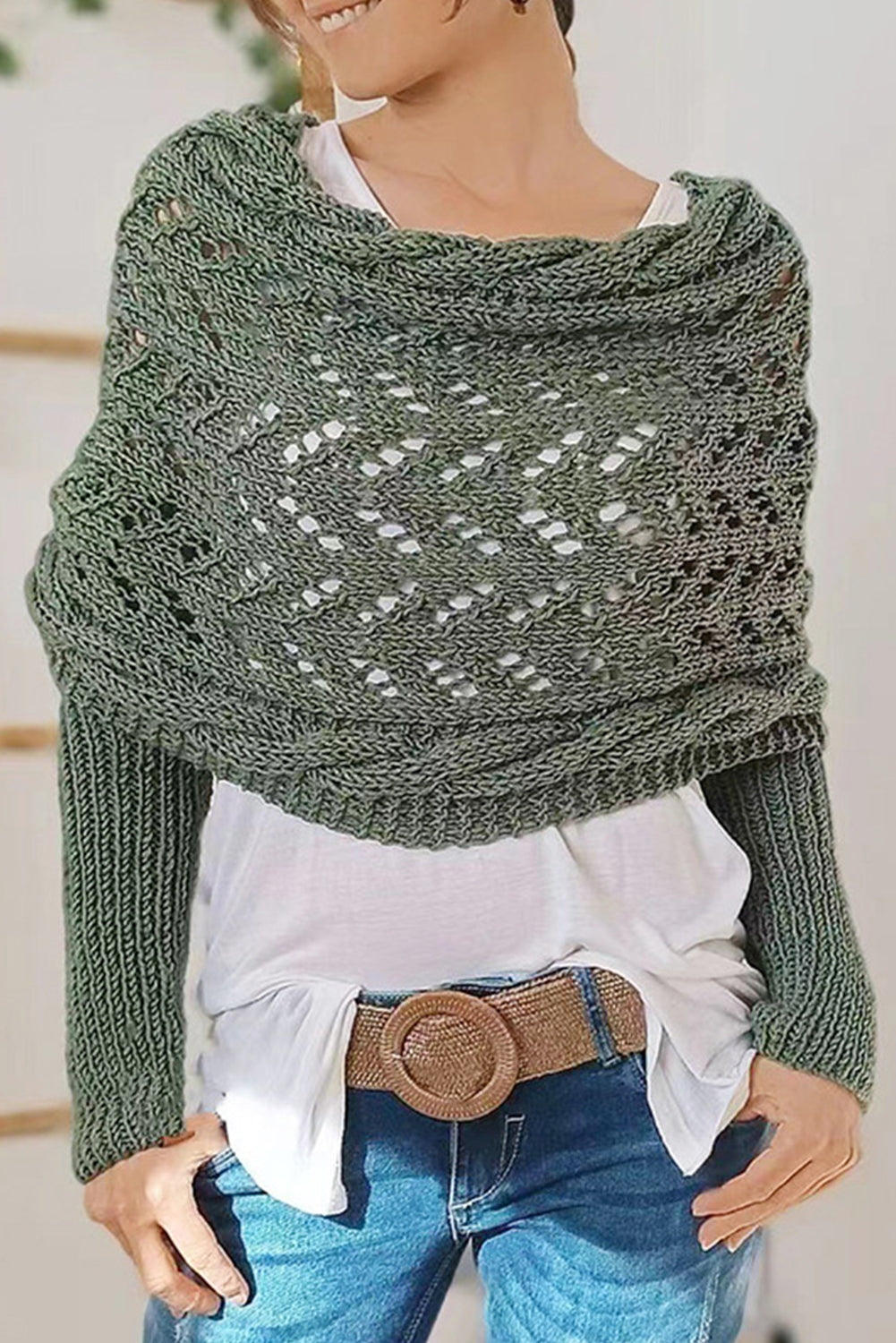 Gray Cross Detail Hollowed Knit Scarf with Sleeves