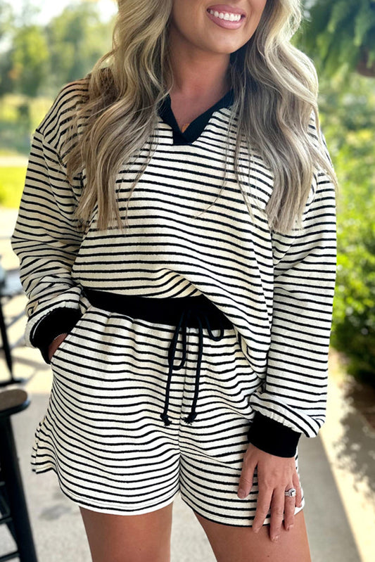 Black Stripe Collared Long Sleeve Top and Drawstring Shorts Set