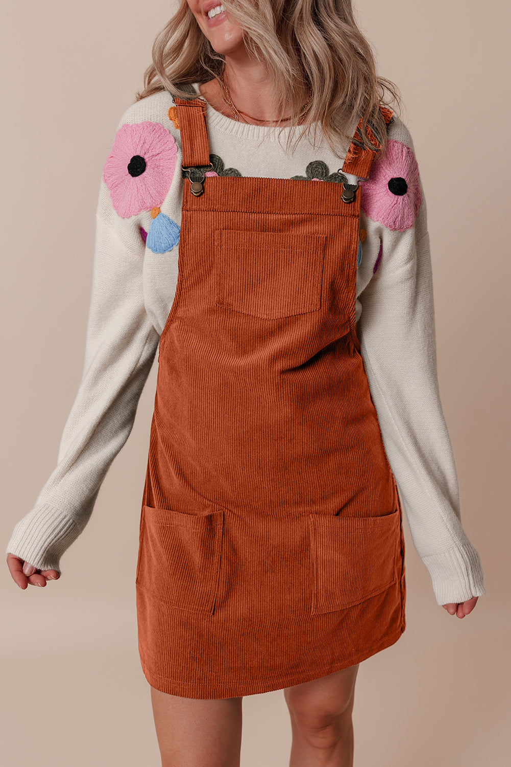 Cinnamon Solid Front Pockets Sleeveless Corduroy Overall Dress