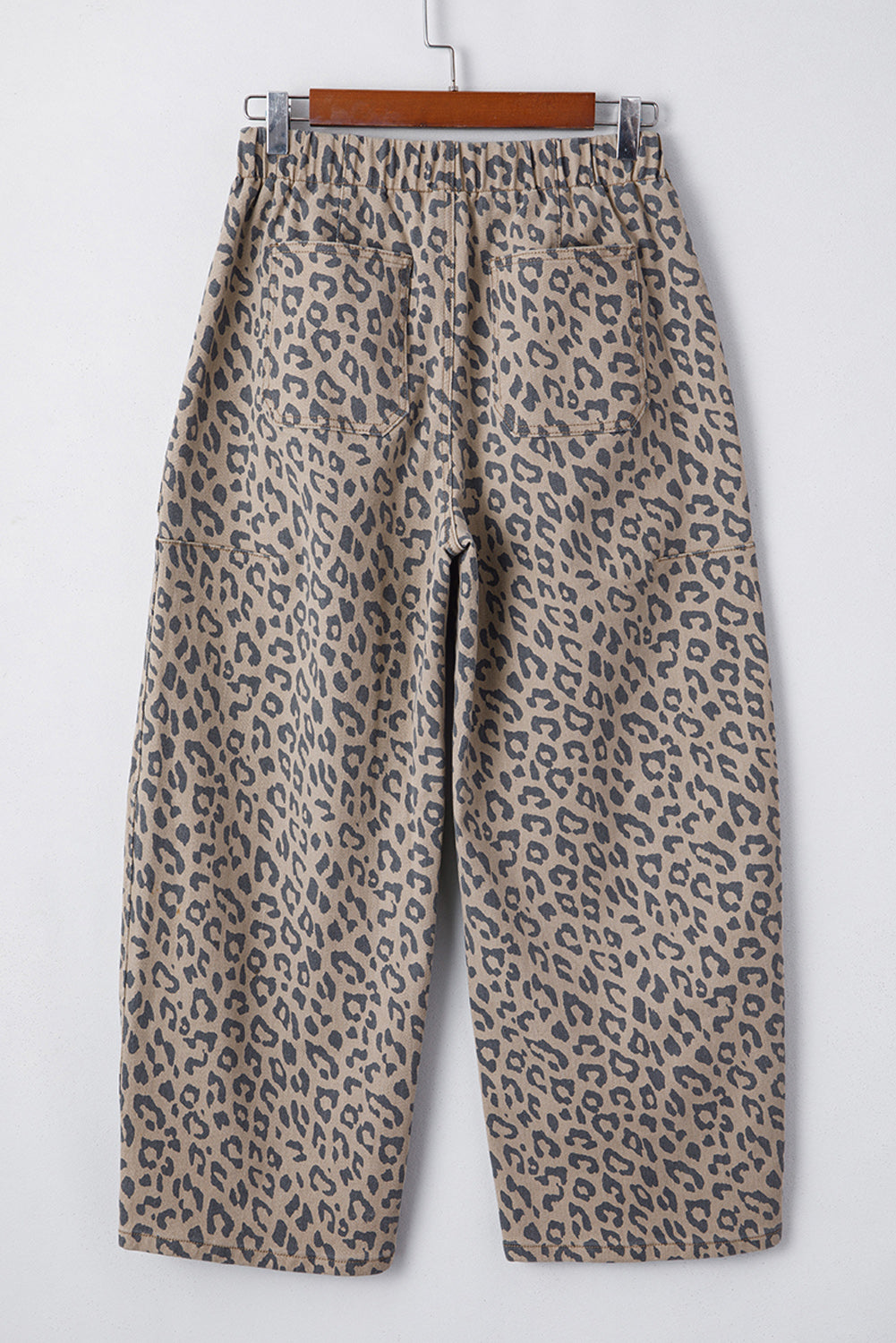 Khaki Leopard Printed Drawstring Waist Pocketed Wide Leg Jeans
