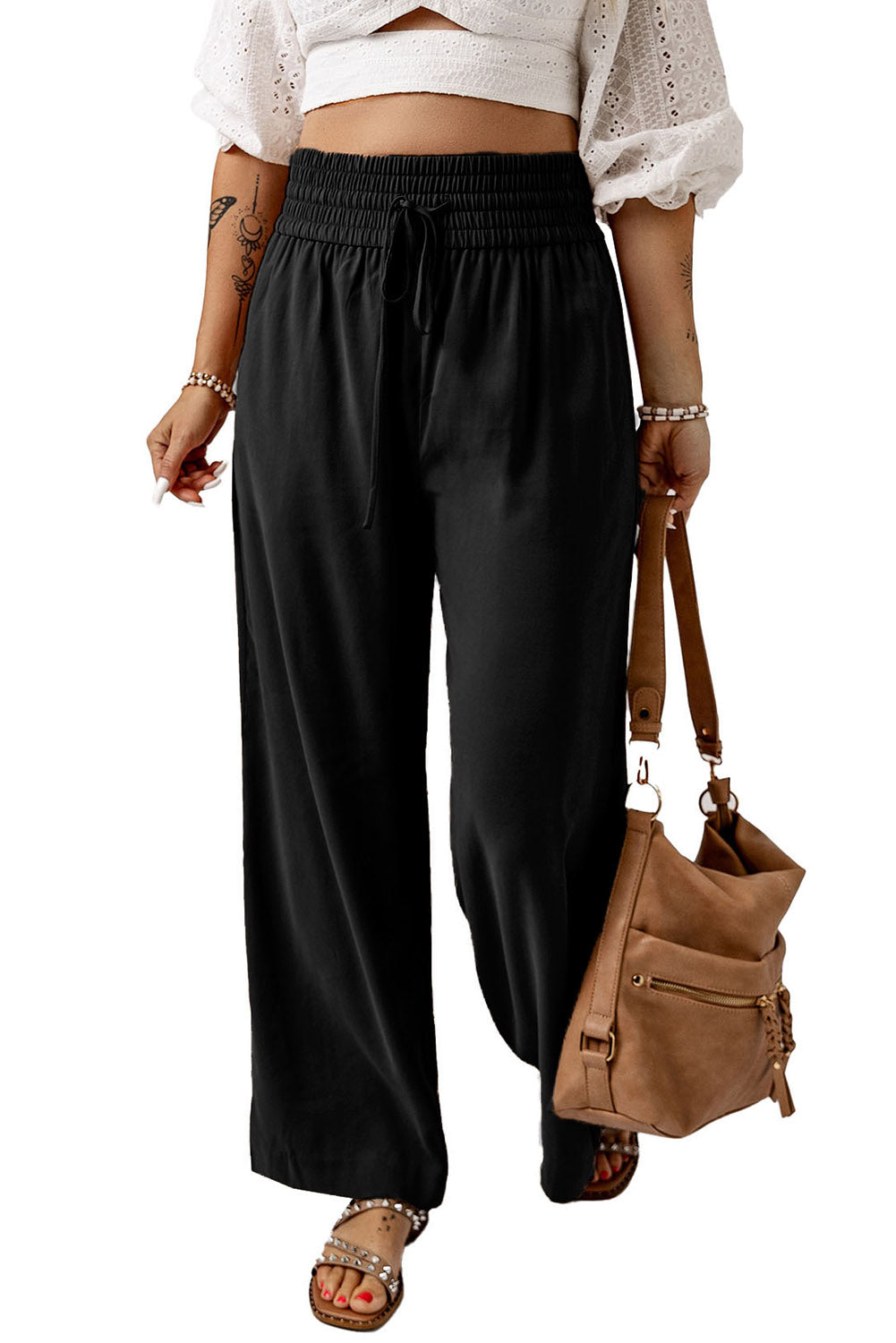 Green Brown Drawstring Elastic Waist Casual Wide Leg Pants