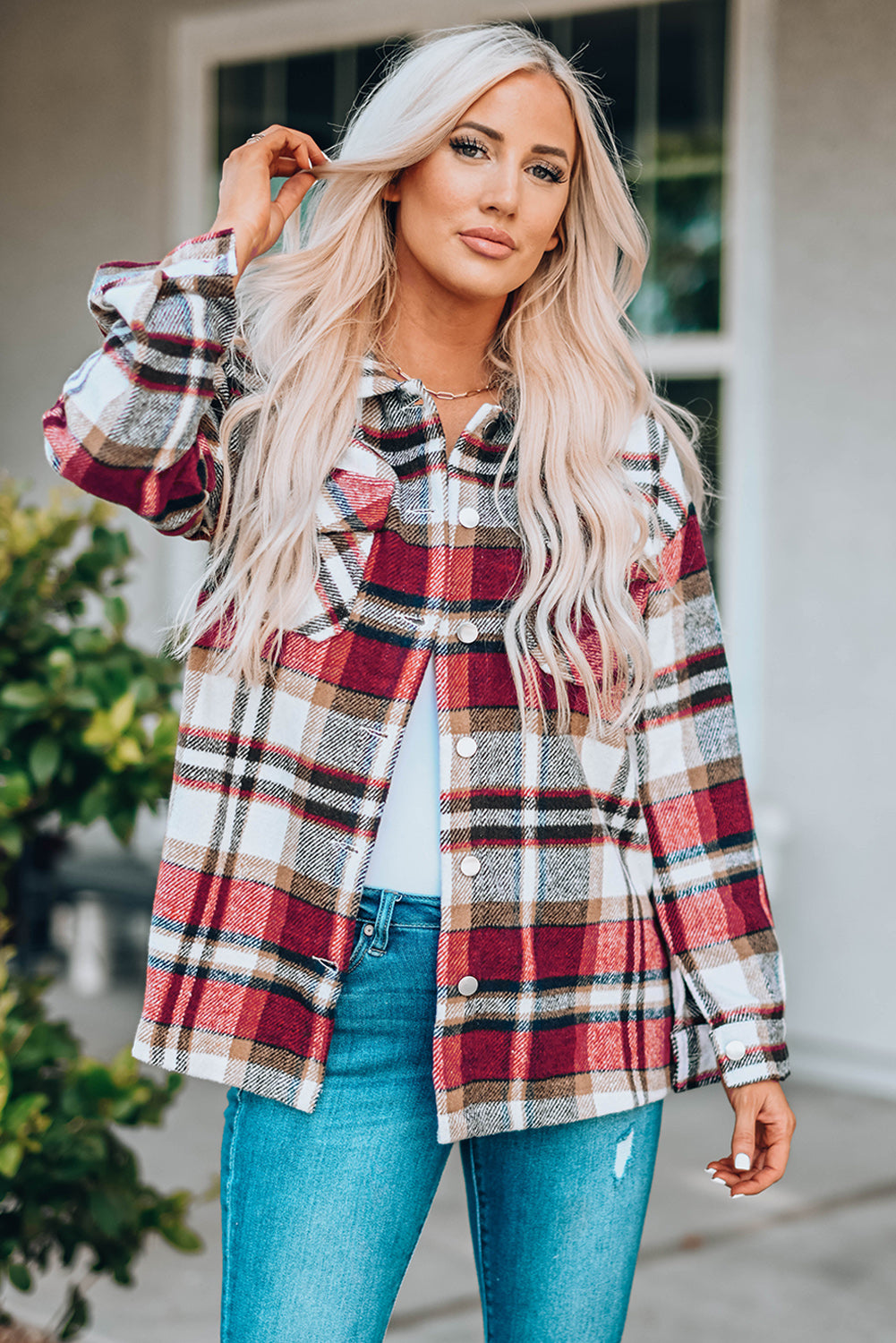 Orange Geometric Plaid Print Pocketed Shacket