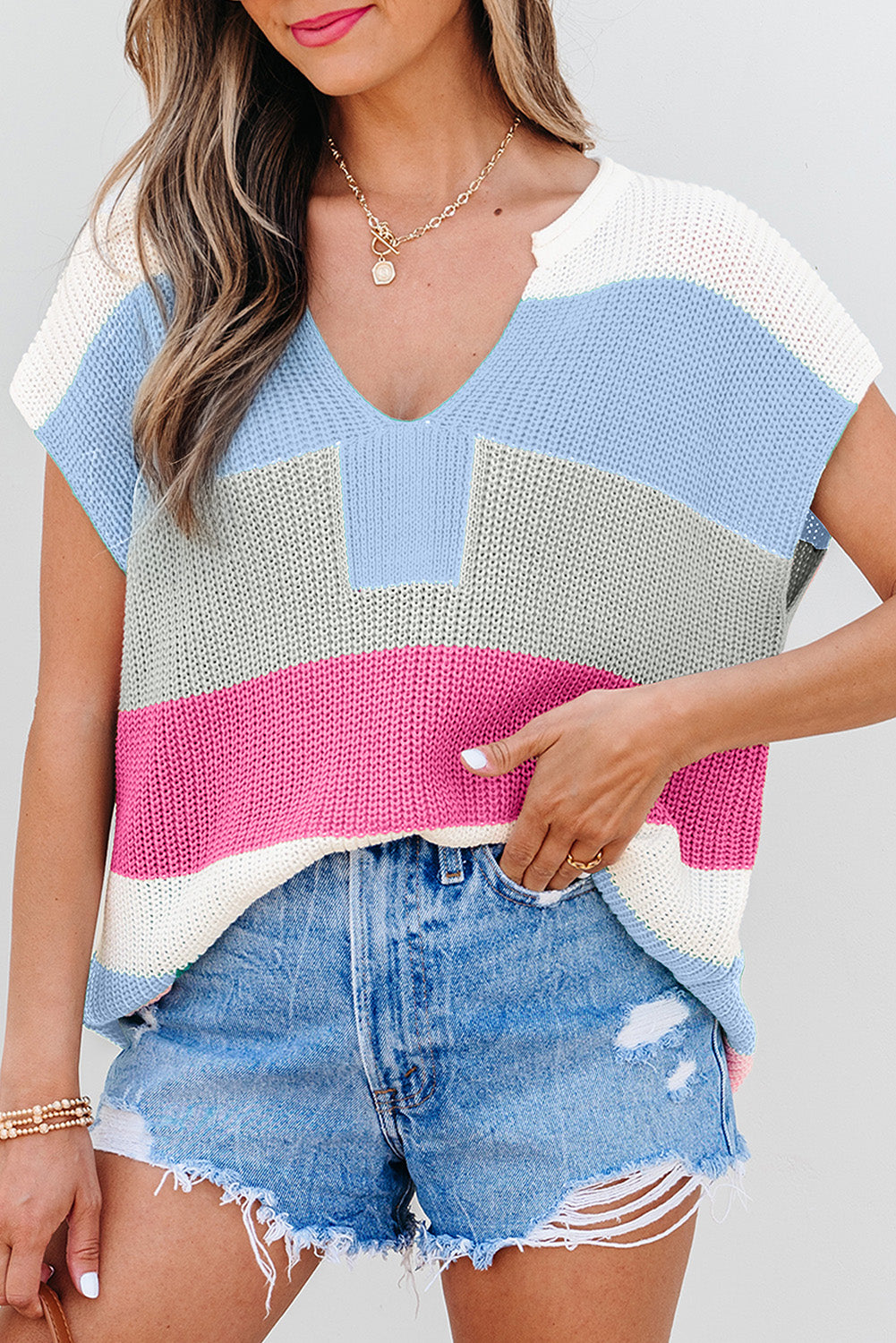 Multicolour Color Block Notch V Neck Sweater T Shirt