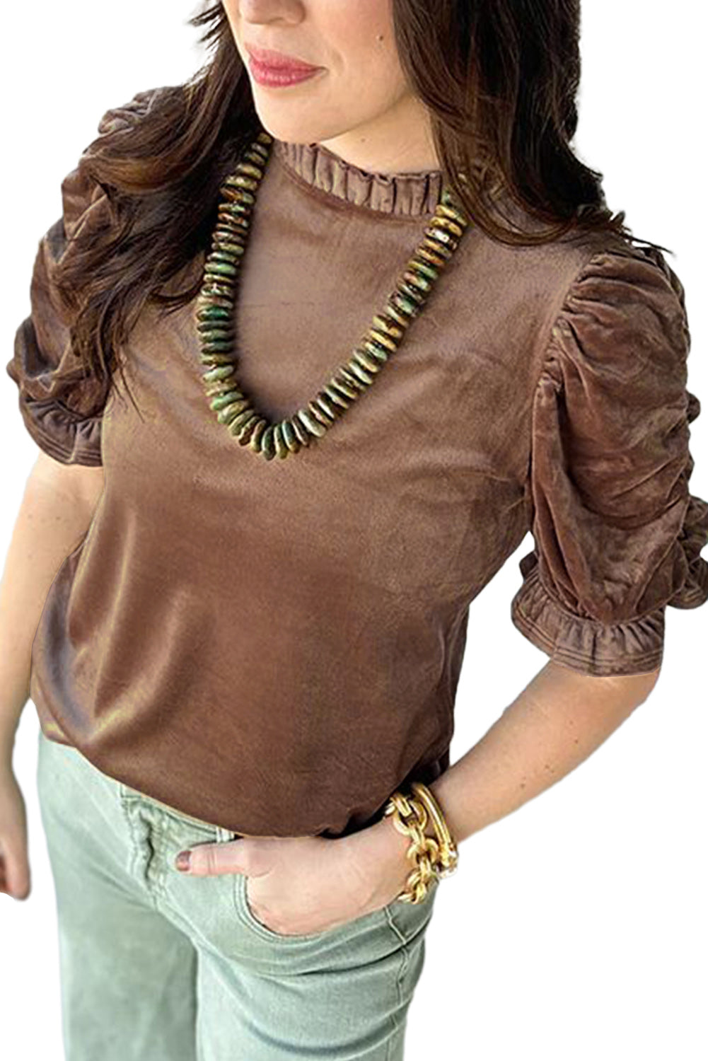 Camel Ruffled Arm Velvet Top