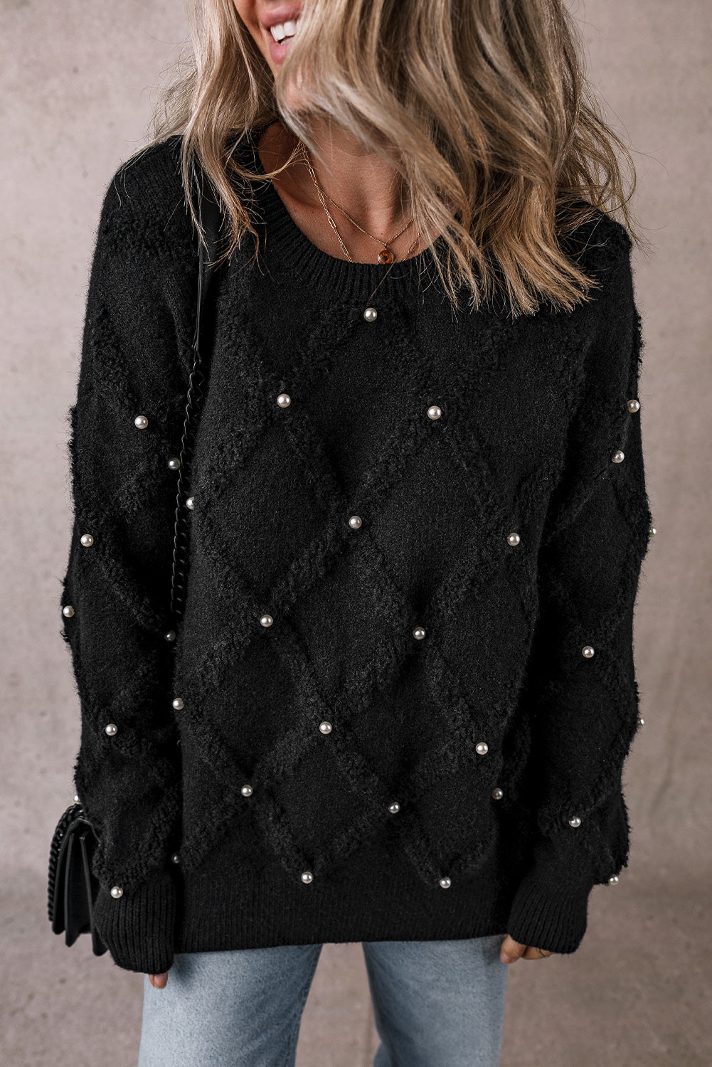 Black Pearl Embellished Rhombus Pattern Sweater