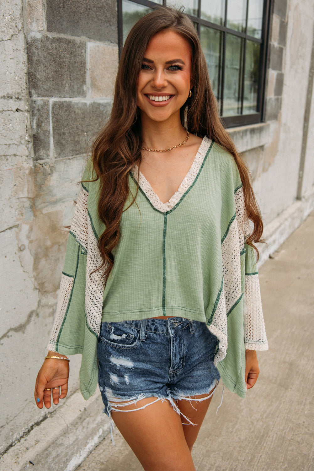 Ashleigh Blue Crochet Detail Exposed Seam High Low Loose Top