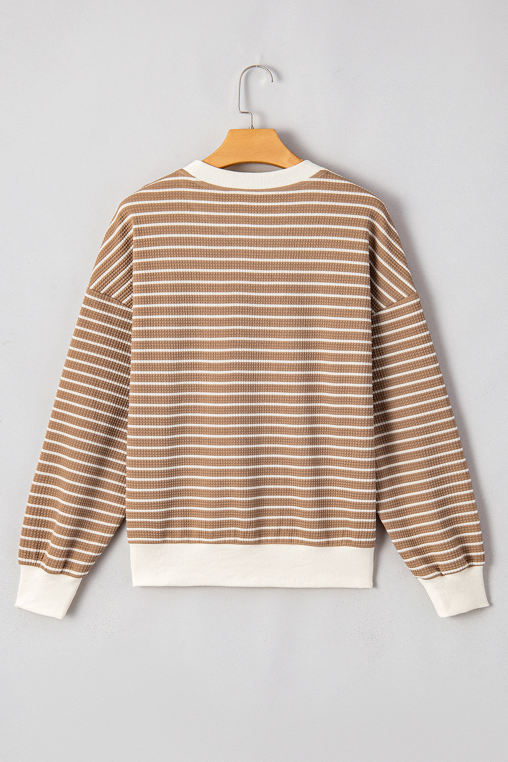 Khaki Stripe Patched Edge Textured Round Neck Long Sleeve Top