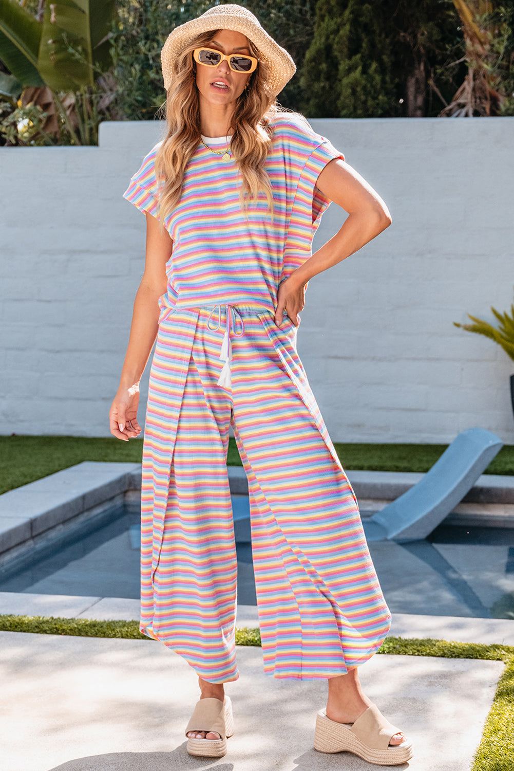 Black Stripe Rainbow Tee Tasseled String Wide Leg Pants Set