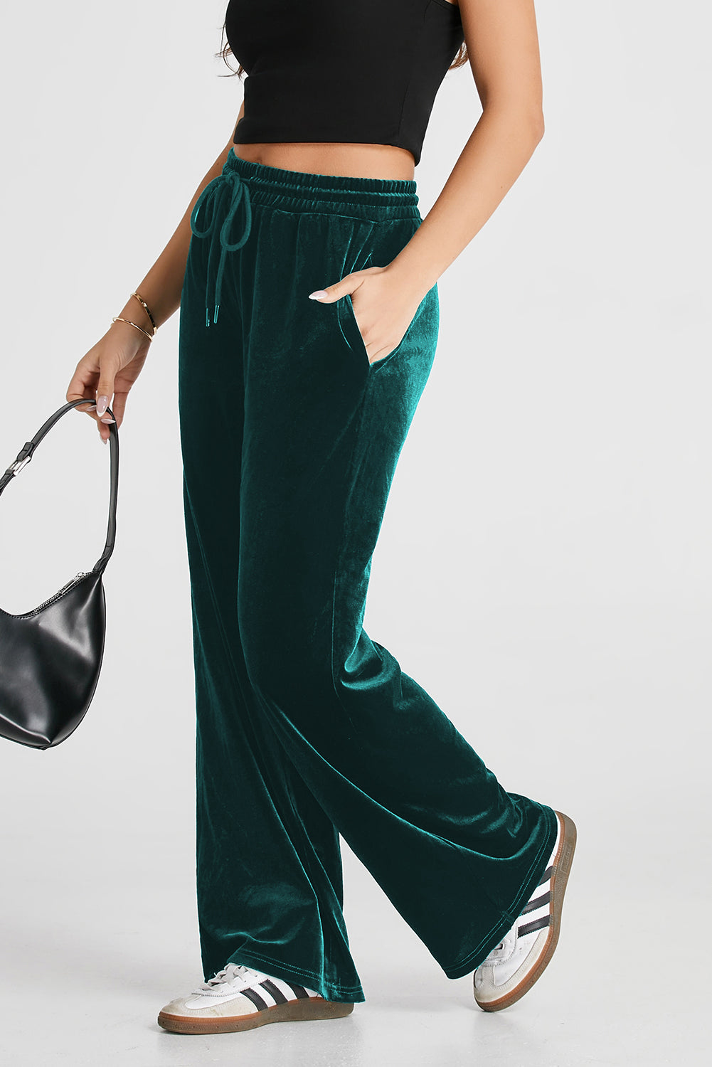 Black Solid Drawstring Waist Wide Leg Pants