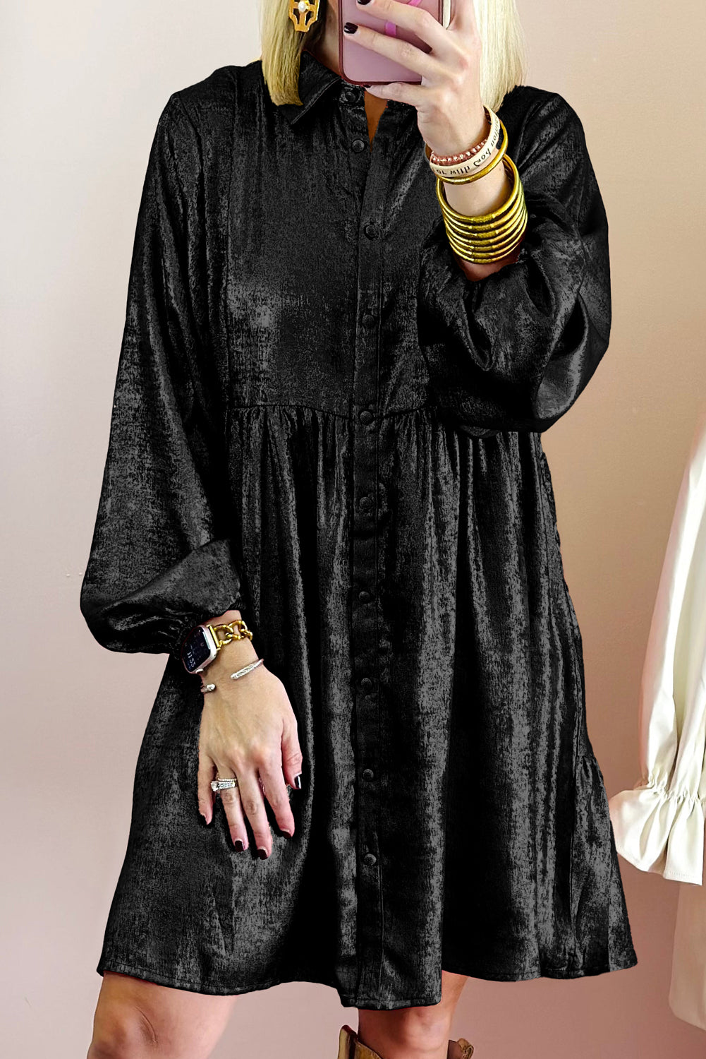 Apricot Metallic Sheen Puff Sleeve Button Up Mini Shirt Dress