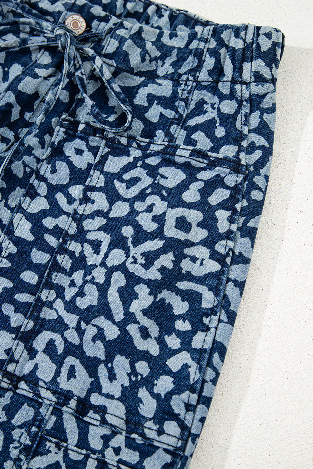 Khaki Leopard Printed Drawstring Waist Pocketed Wide Leg Jeans