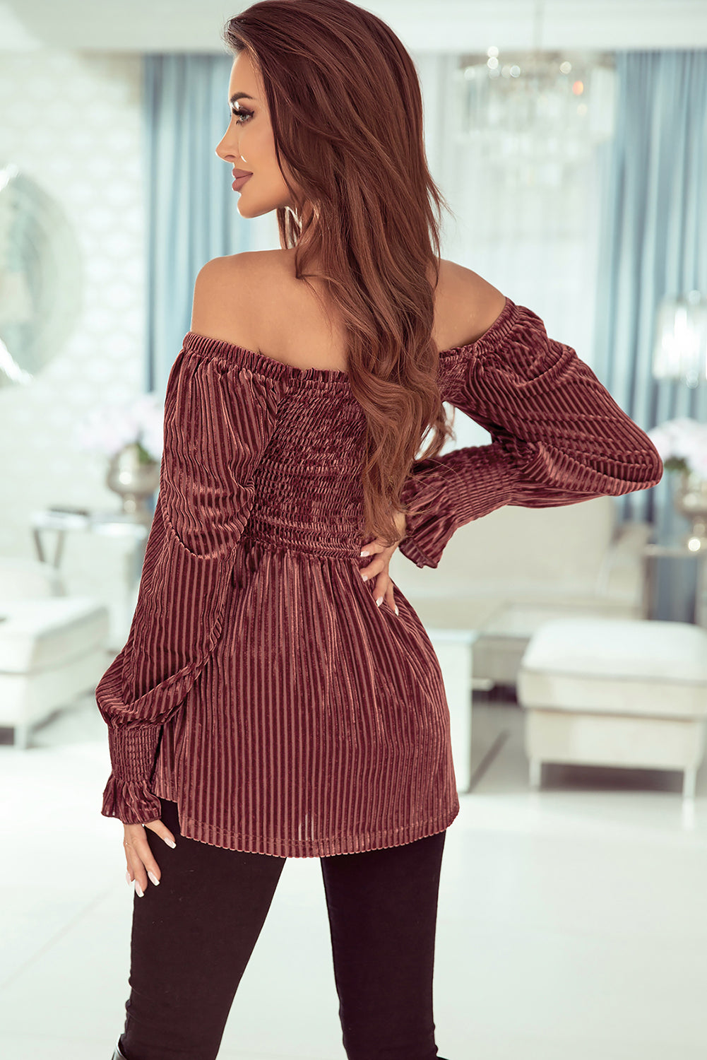 Chestnut Smocked Ribbed Velvet Babydoll Top