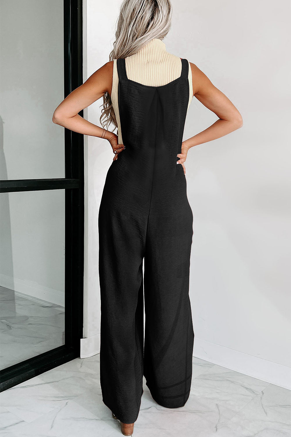 Gold Flame Textured Buttoned Straps Ruched Wide Leg Jumpsuit