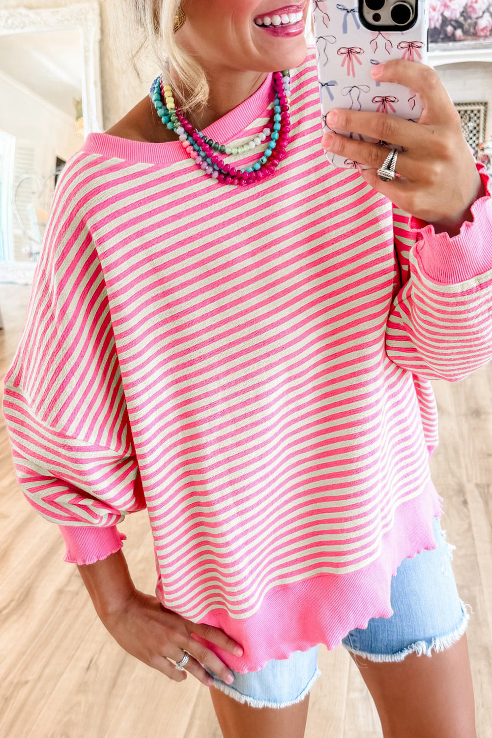 Black Stripe Loose Drop Shoulder Long Sleeve Top