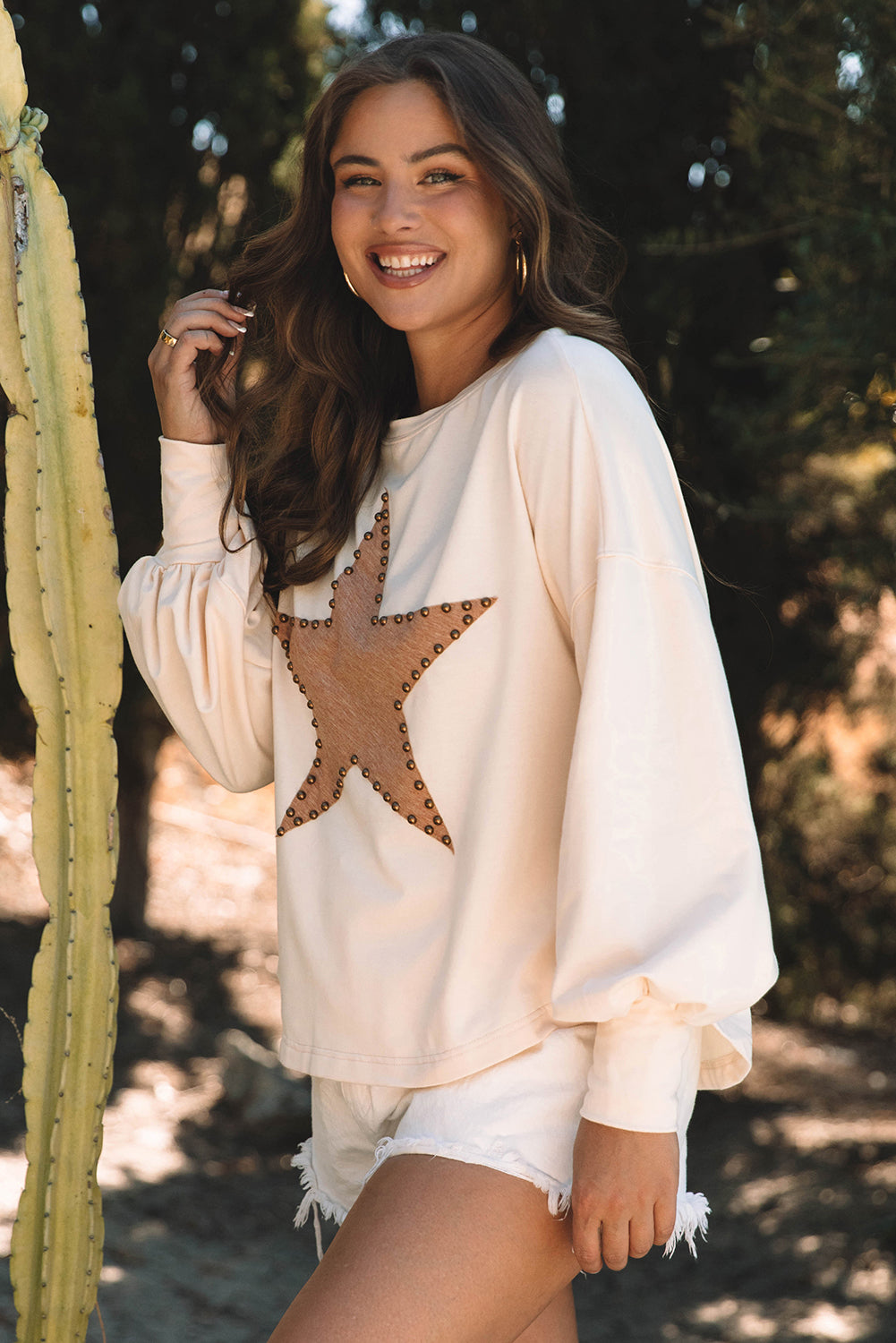 Black Studded Star Graphic Oversized Long Sleeve Top