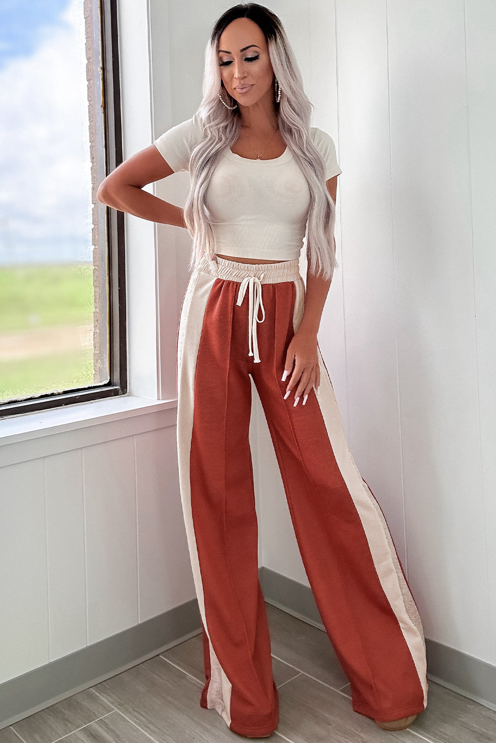 Flamingo Color Block Drawstring High Waist Wide Leg Pants