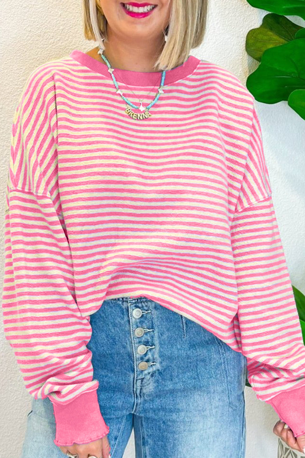 Black Stripe Loose Drop Shoulder Long Sleeve Top