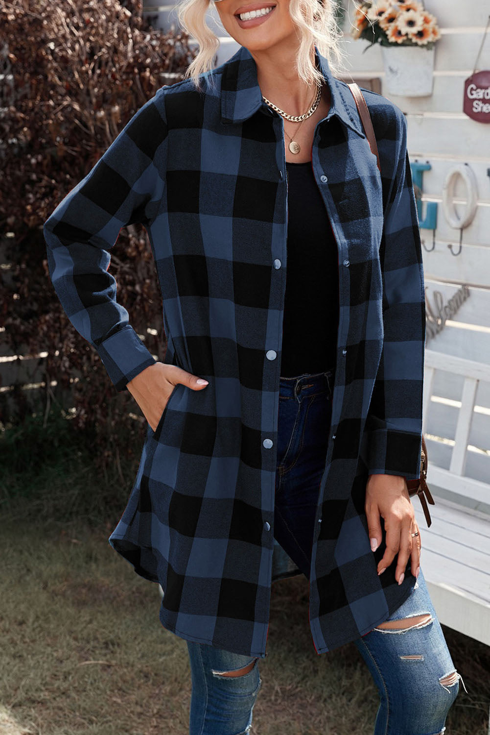 Brown Turn-down Collar Plaid Shirt Coat