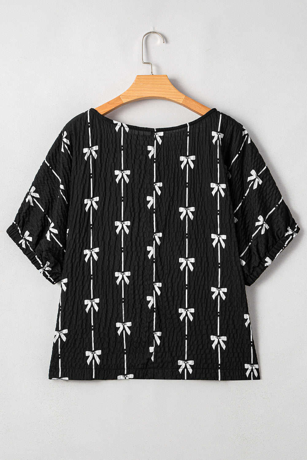 Black Bow Print Puff Short Sleeve Top