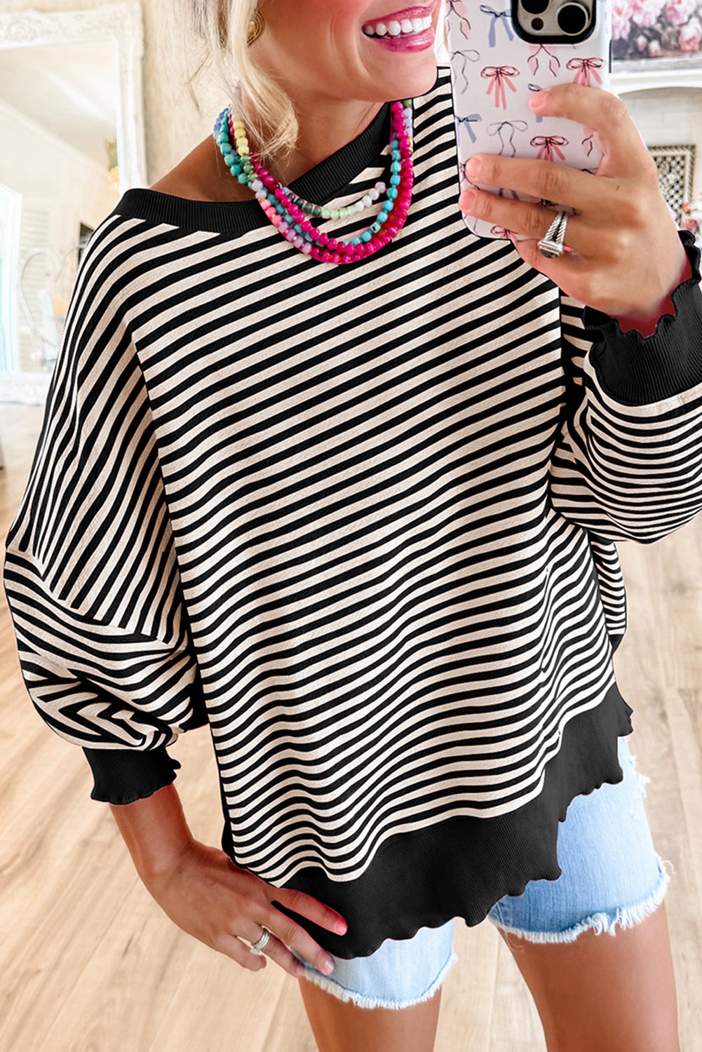 Black Stripe Loose Drop Shoulder Long Sleeve Top