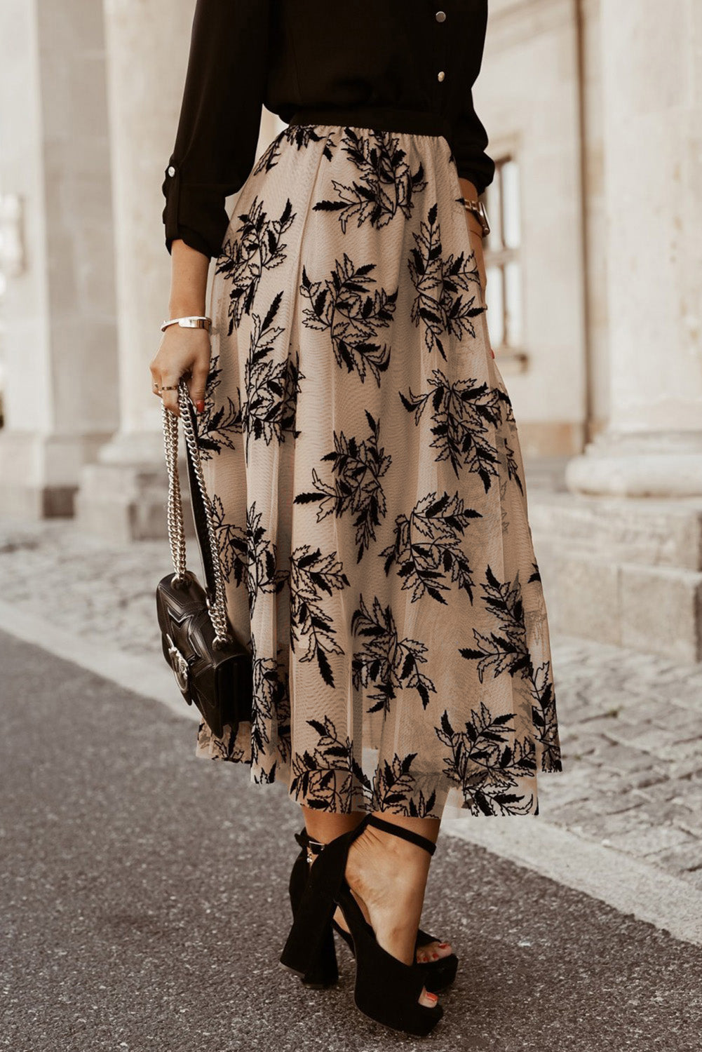 Gold Flame Floral Leaves Embroidered High Waist Maxi Skirt