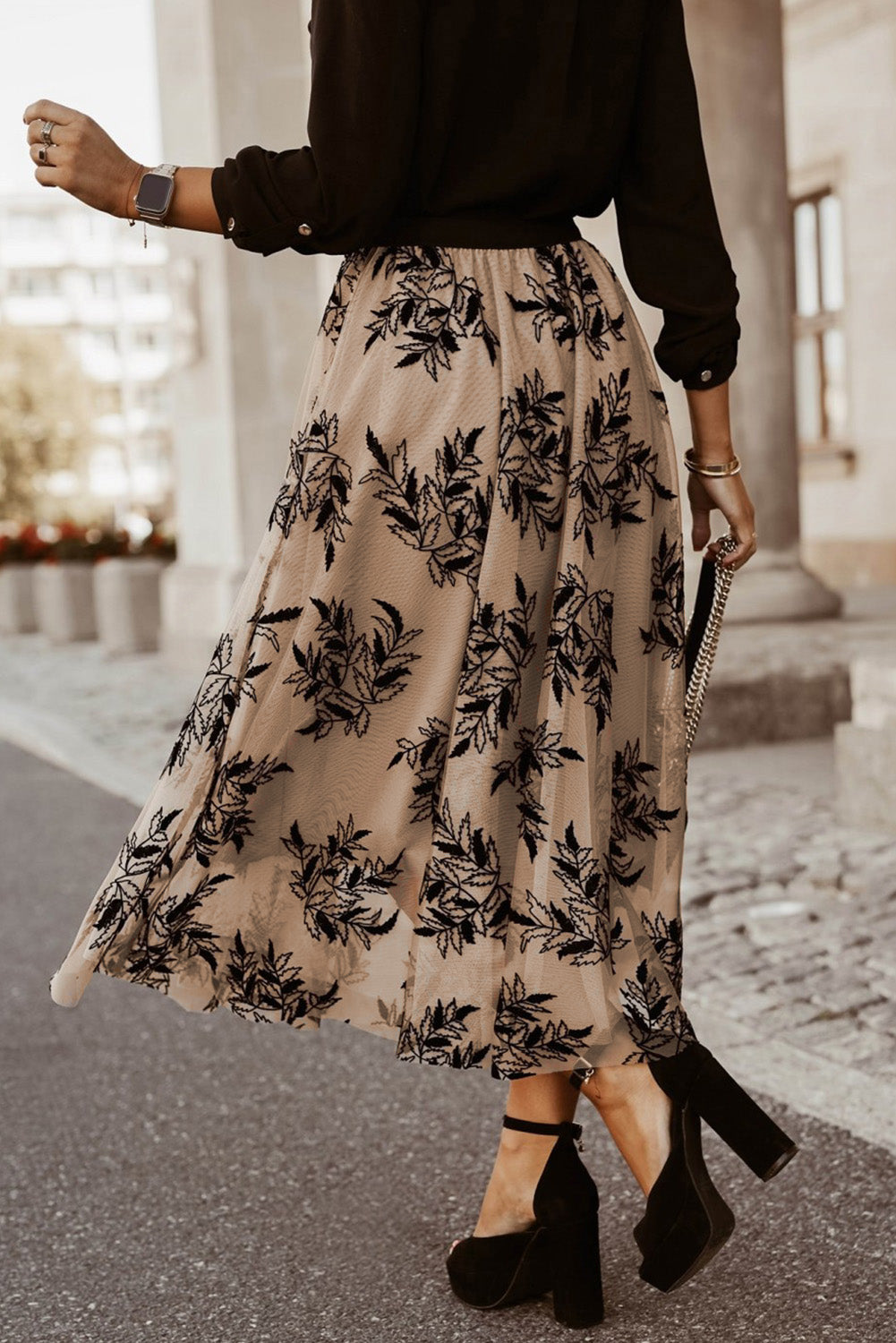 Gold Flame Floral Leaves Embroidered High Waist Maxi Skirt