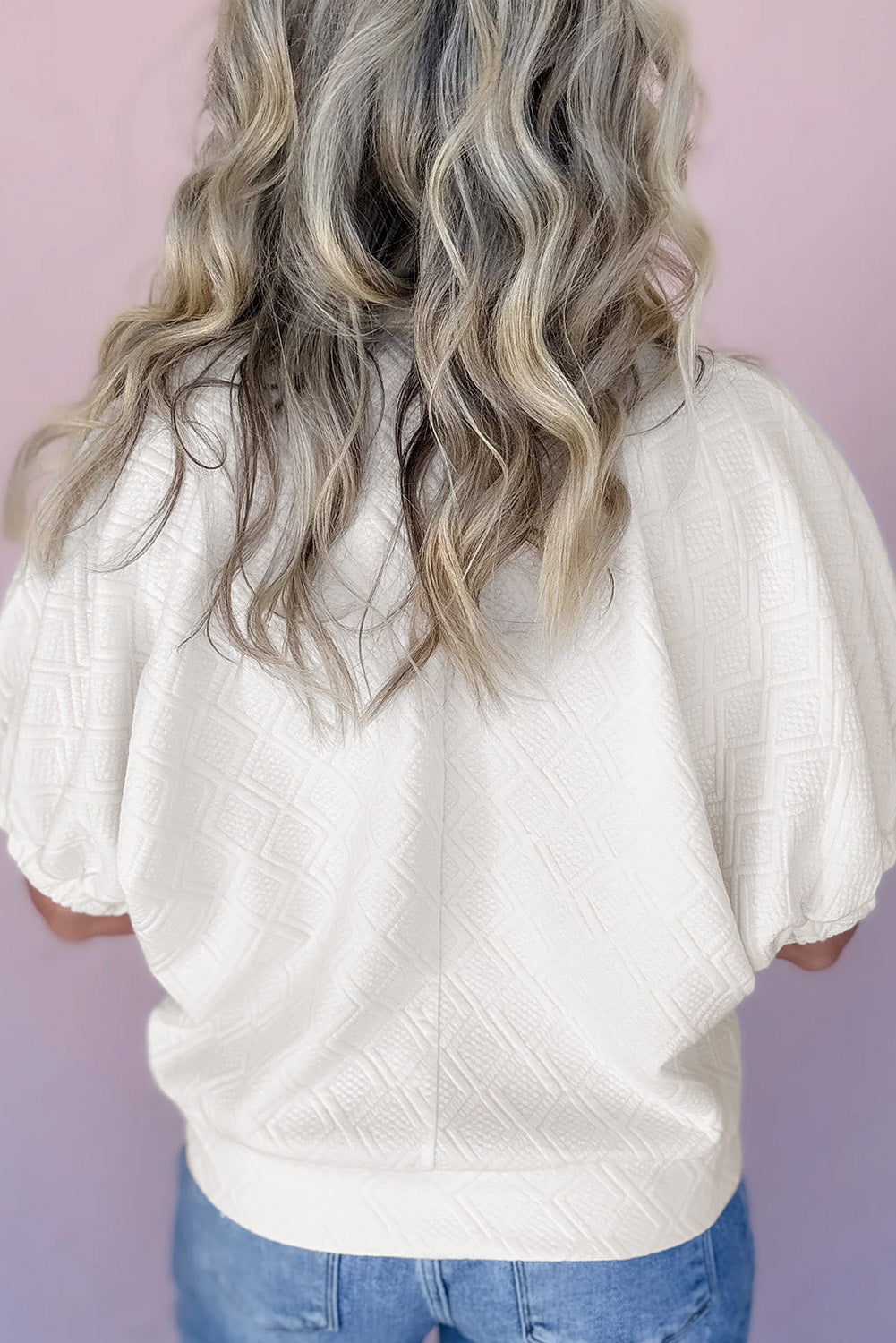 Light Pink Contrast Striped Collar Patchwork Textured Half Sleeve Blouse