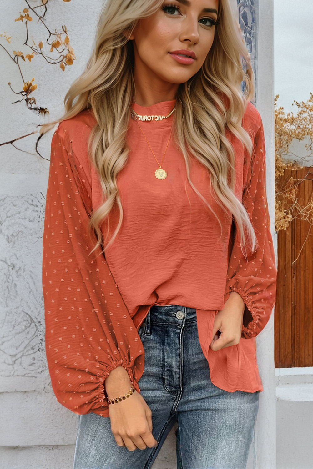 Parchment Swiss Dot Balloon Sleeve Loose Blouse