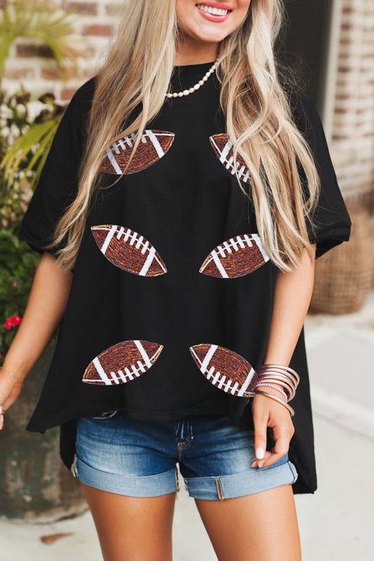Black Sequin Rugby Football Patched Crewneck Loose T Shirt