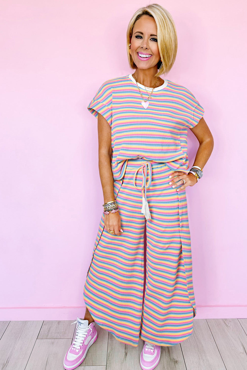 Black Stripe Rainbow Tee Tasseled String Wide Leg Pants Set