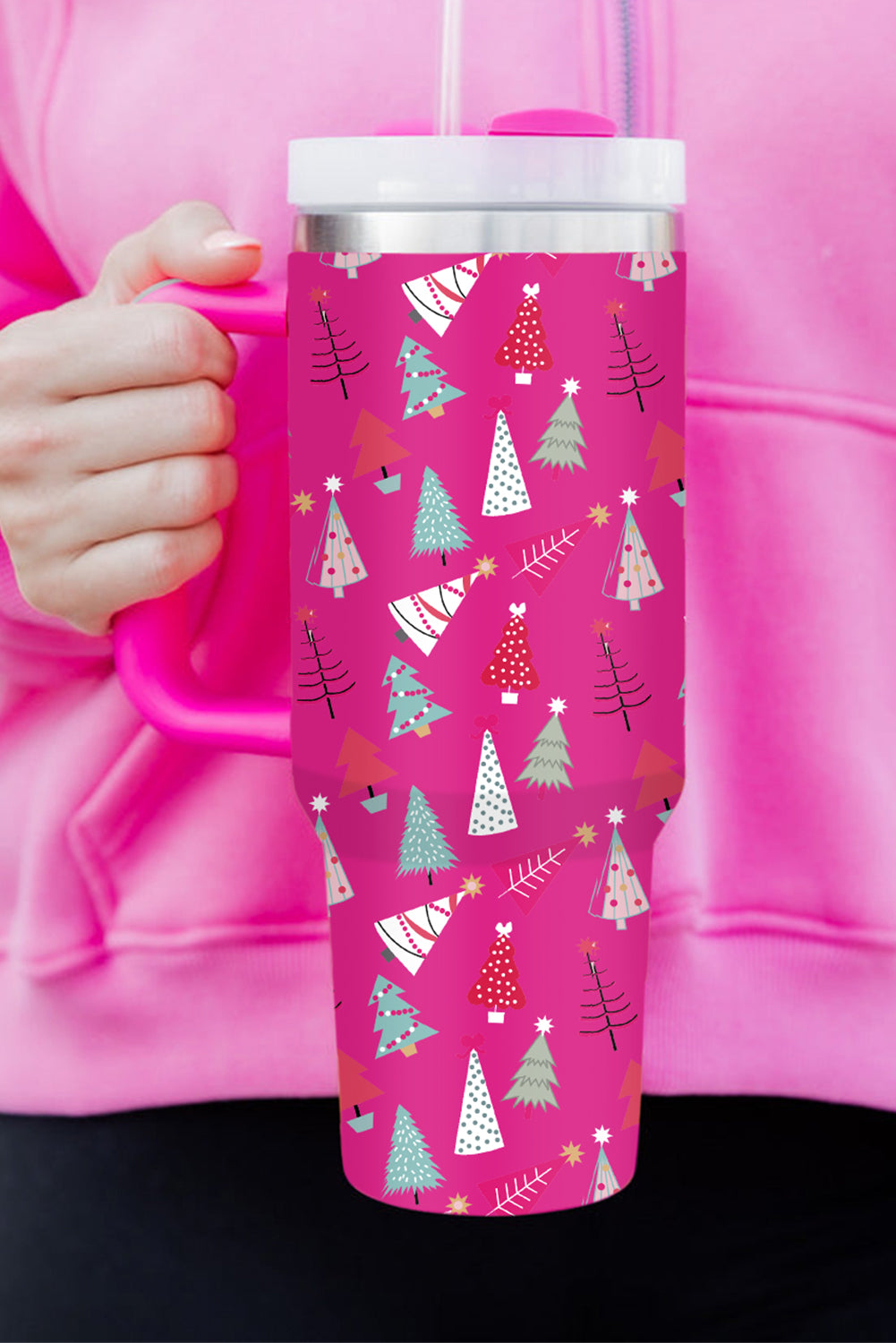 Black Cartoon Christmas Tree Printed Thermos Cup 40oz