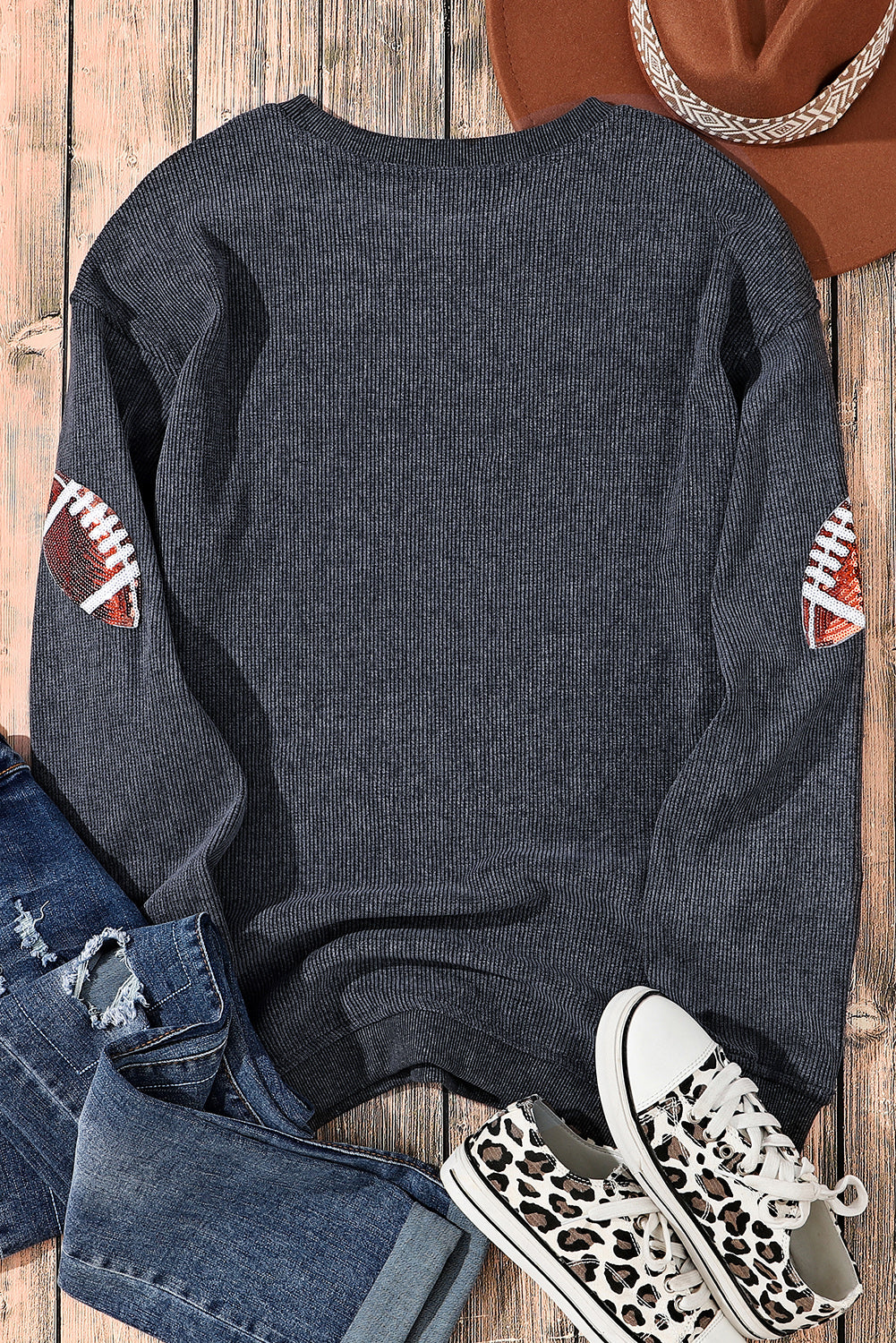 Gray Sequin Rugby Football Graphic Corded Baggy Sweatshirt