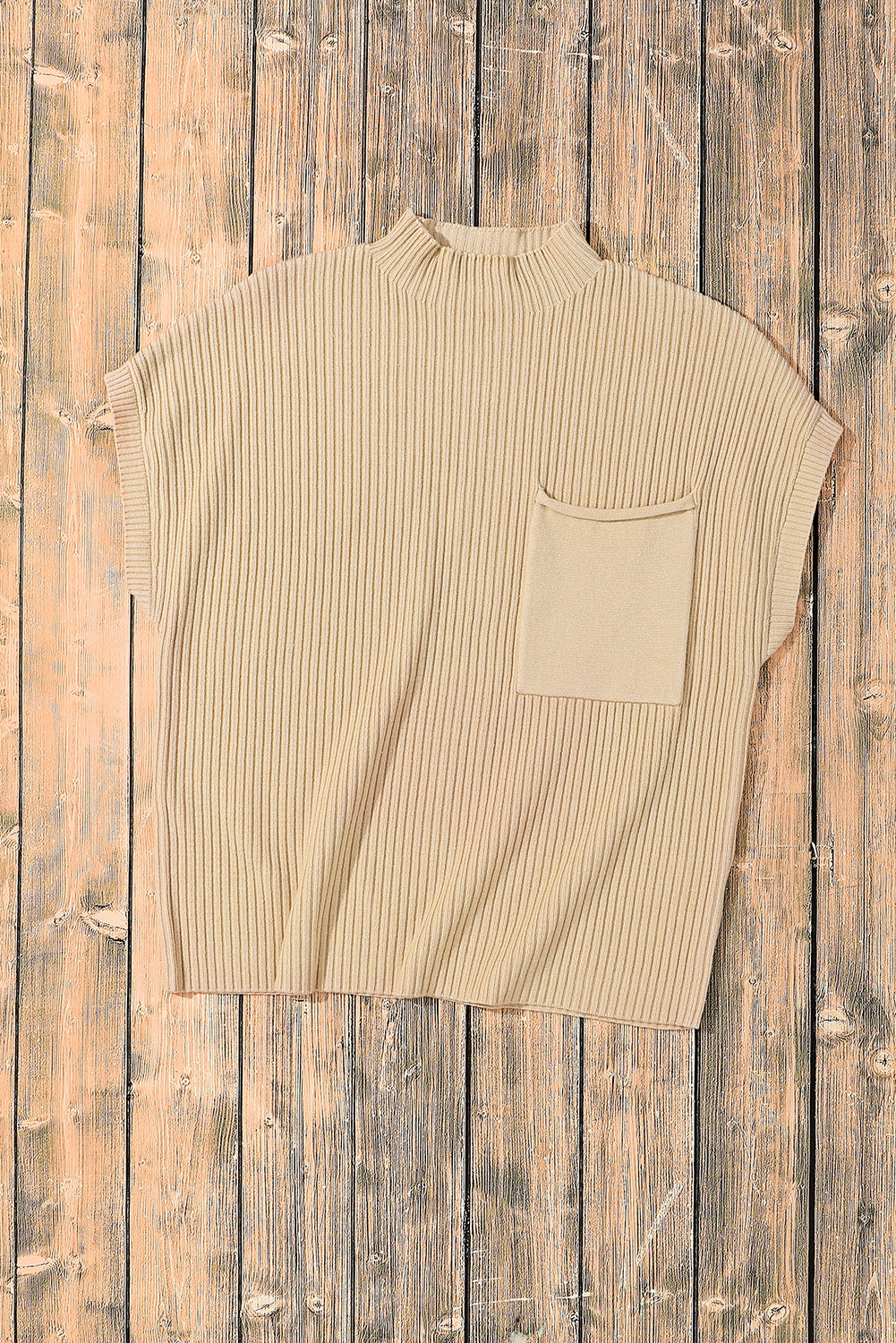 Gold Flame Patch Pocket Ribbed Knit Short Sleeve Sweater