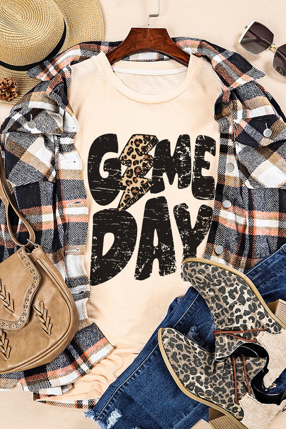 Khaki Game Day Rugby Football Season Leopard Lightning T Shirt