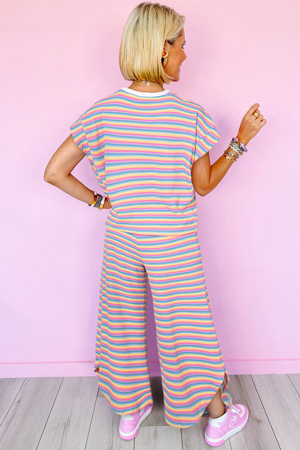 Black Stripe Rainbow Tee Tasseled String Wide Leg Pants Set