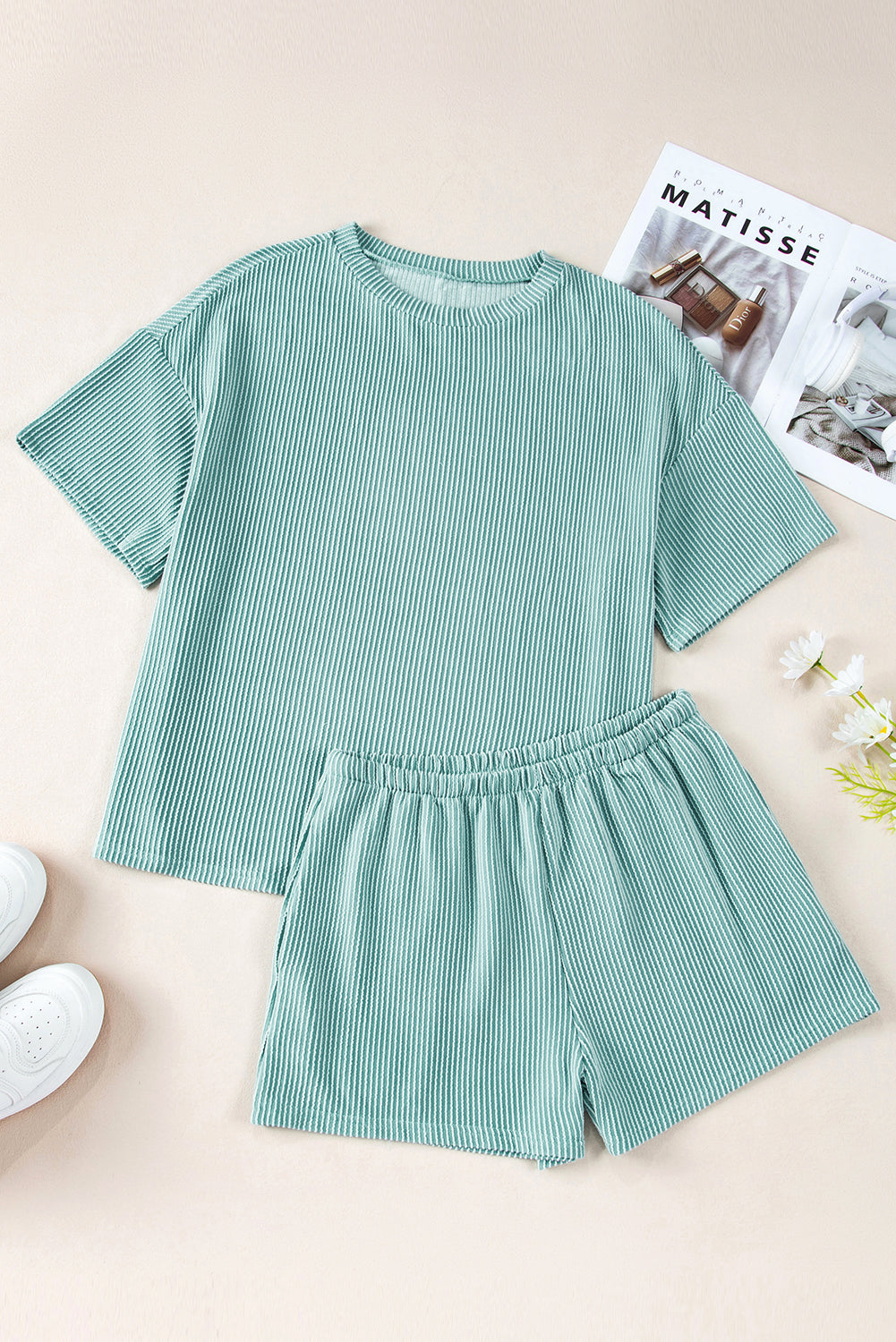 Jungle Green Ribbed Textured Knit Loose Fit Tee and Shorts Set