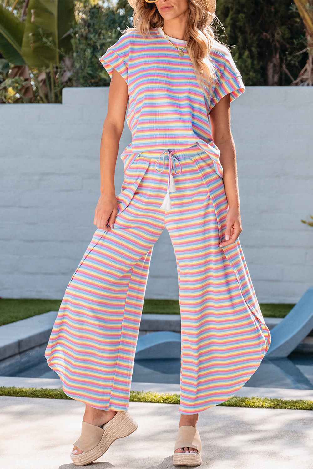 Black Stripe Rainbow Tee Tasseled String Wide Leg Pants Set